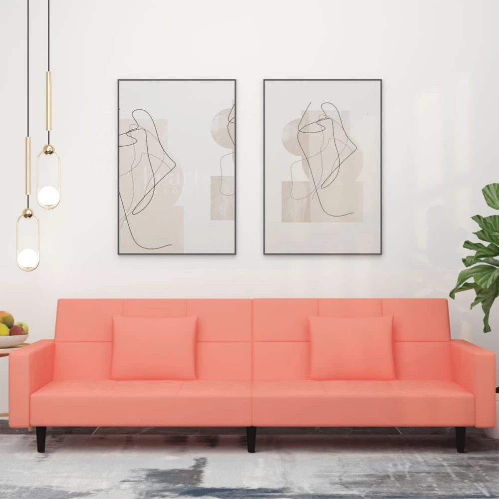 Dvivietė sofa-lova su dvejomis pagalvėmis, rožinė, aksomas