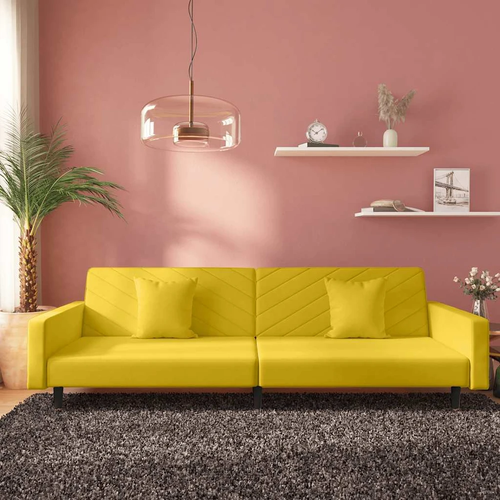 Dvivietė sofa-lova su dvejomis pagalvėmis, geltona, aksomas