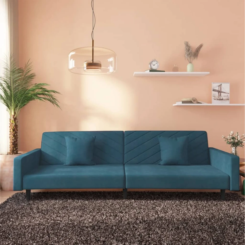 Dvivietė sofa-lova su dvejomis pagalvėmis, mėlyna, aksomas