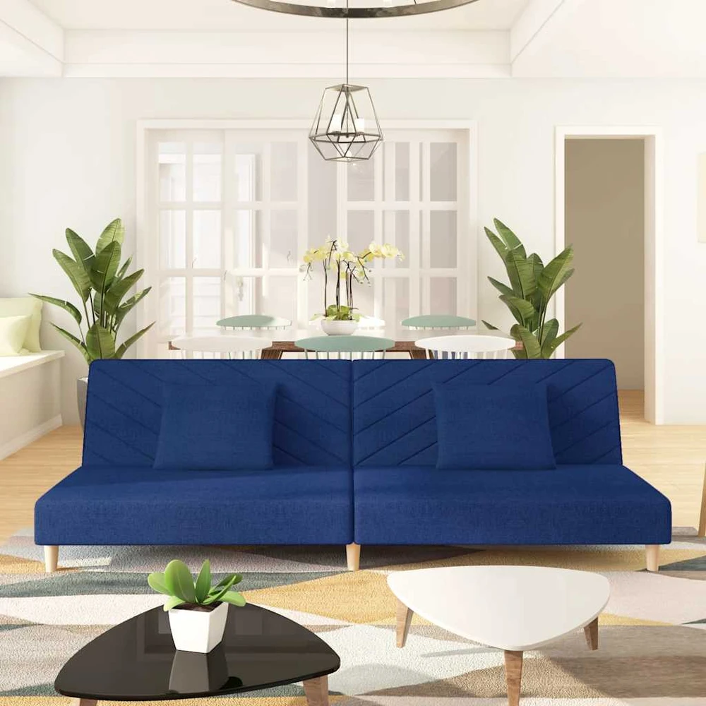 Dvivietė sofa-lova su dvejomis pagalvėmis, mėlyna, audinys