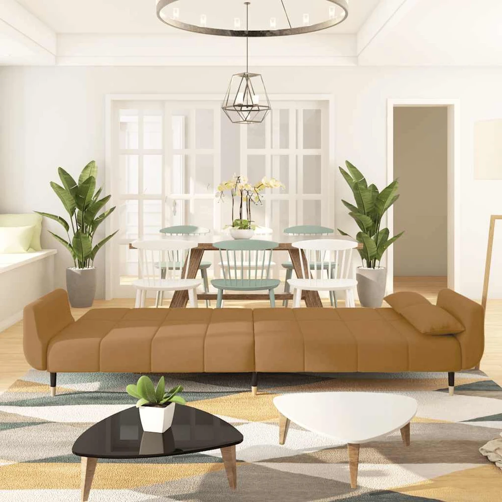Dvivietė sofa-lova su dvejomis pagalvėmis, ruda, aksomas