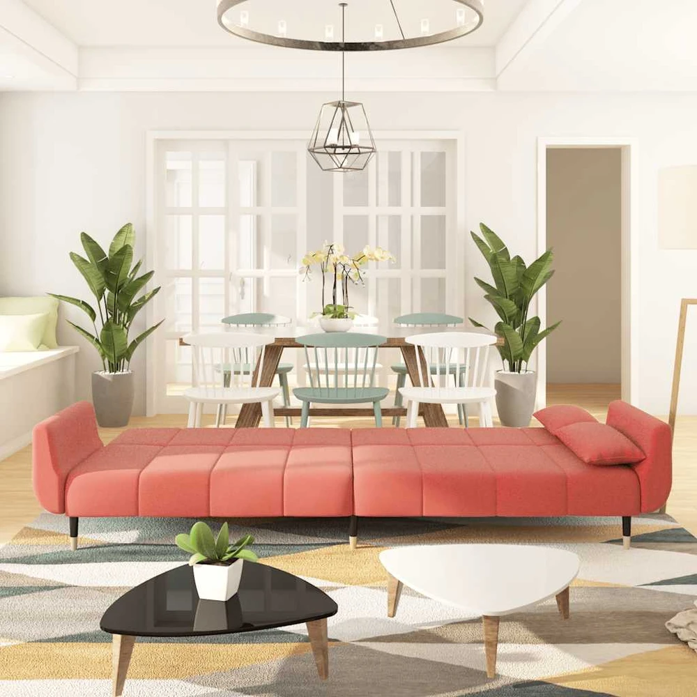 Dvivietė sofa-lova su dvejomis pagalvėmis, rožinė, aksomas