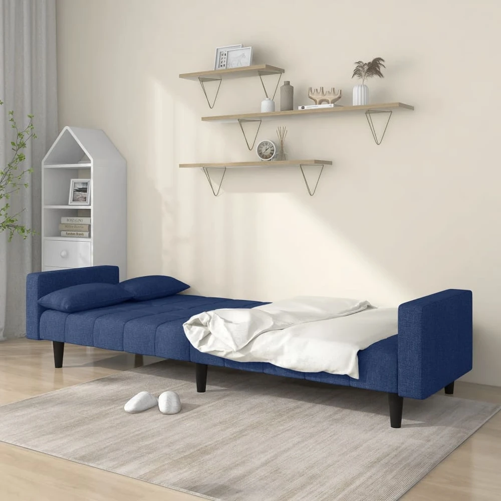 Dvivietė sofa-lova su dvejomis pagalvėmis, mėlyna, audinys