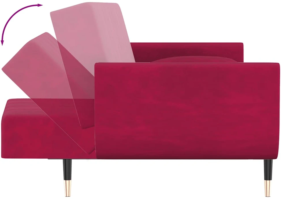 Dvivietė sofa-lova su dvejomis pagalvėmis, vyno, aksomas