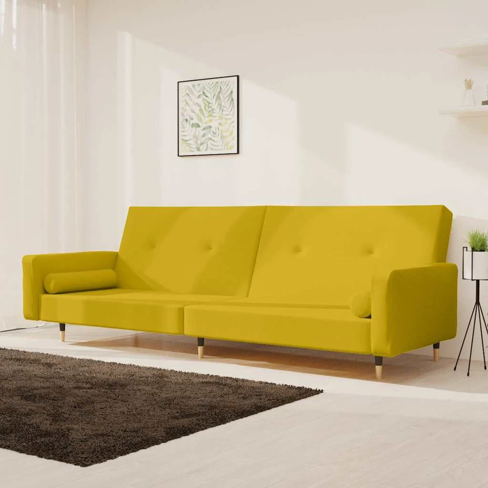 Dvivietė sofa-lova su dvejomis pagalvėmis, geltona, aksomas