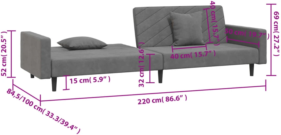 Dvivietė sofa-lova su dvejomis pagalvėmis, pilka, aksomas