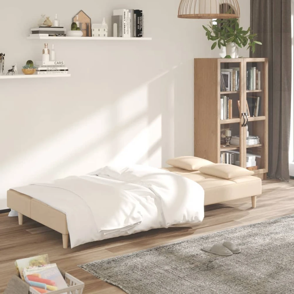 Dvivietė sofa-lova su dvejomis pagalvėmis, kreminė, audinys