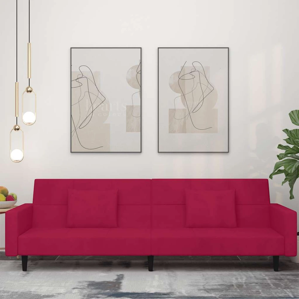 Dvivietė sofa-lova su dvejomis pagalvėmis, vyno, aksomas