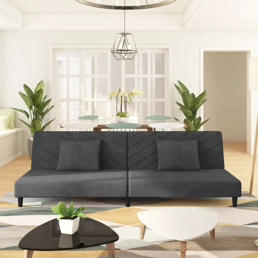 Dvivietė sofa-lova su dvejomis pagalvėmis, pilka, aksomas