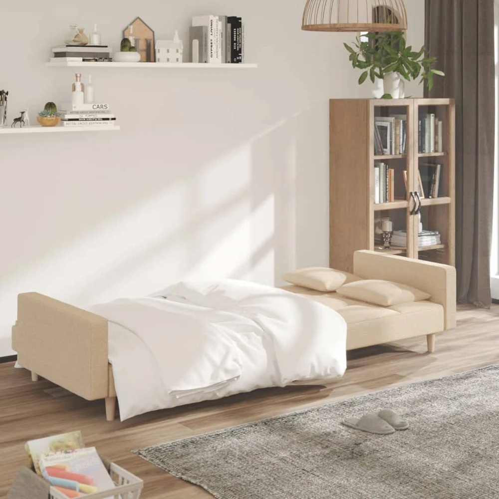 Dvivietė sofa-lova su dvejomis pagalvėmis, kreminė, audinys