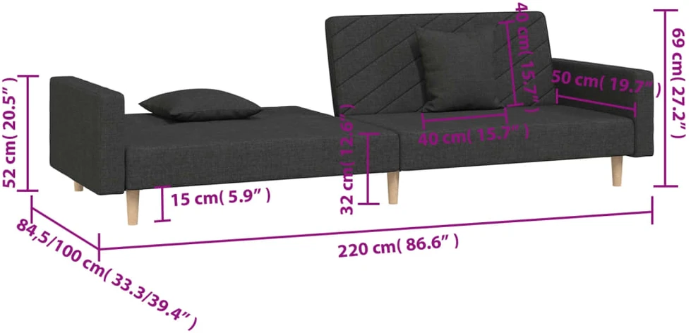 Dvivietė sofa-lova su dvejomis pagalvėmis, juoda, audinys