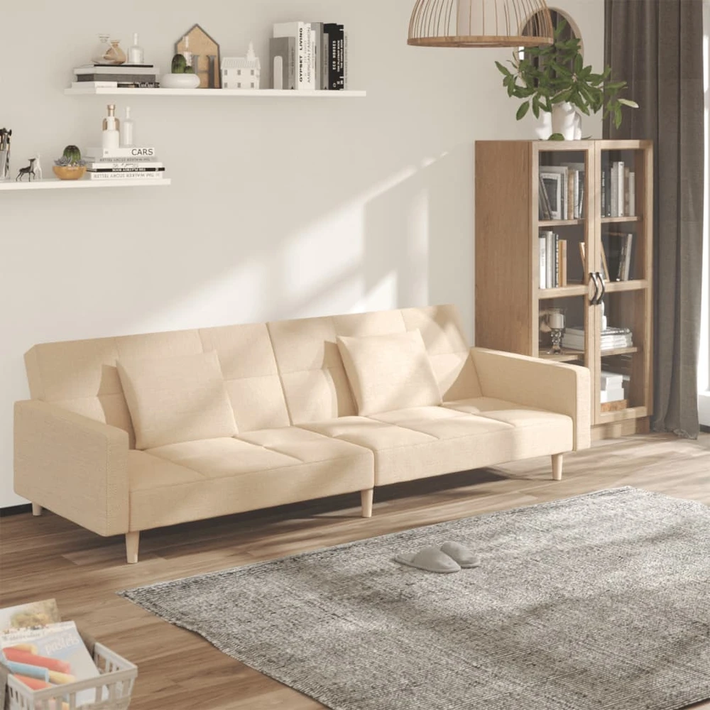 Dvivietė sofa-lova su dvejomis pagalvėmis, kreminė, audinys