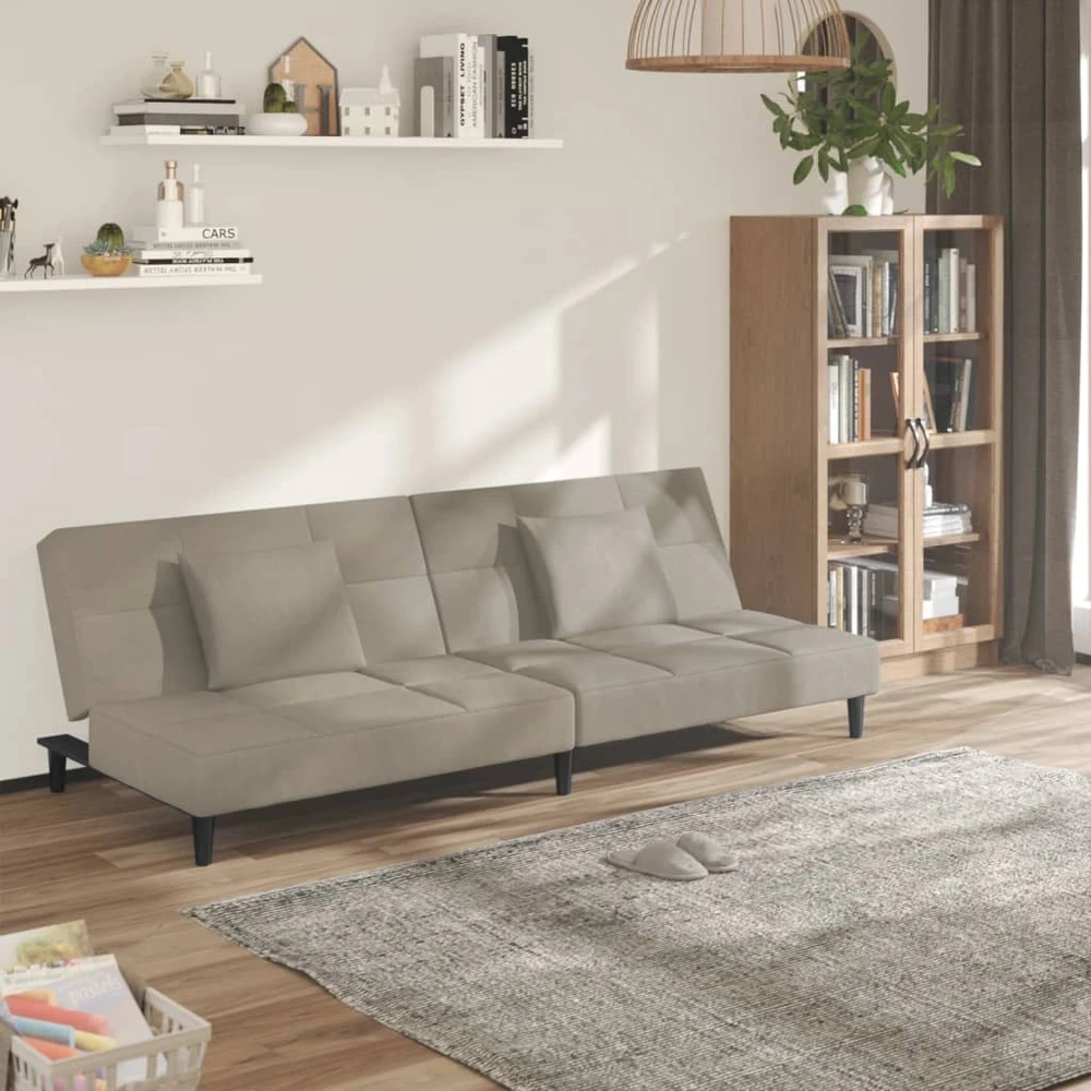 Dvivietė sofa-lova su dvejomis pagalvėmis, pilka, aksomas