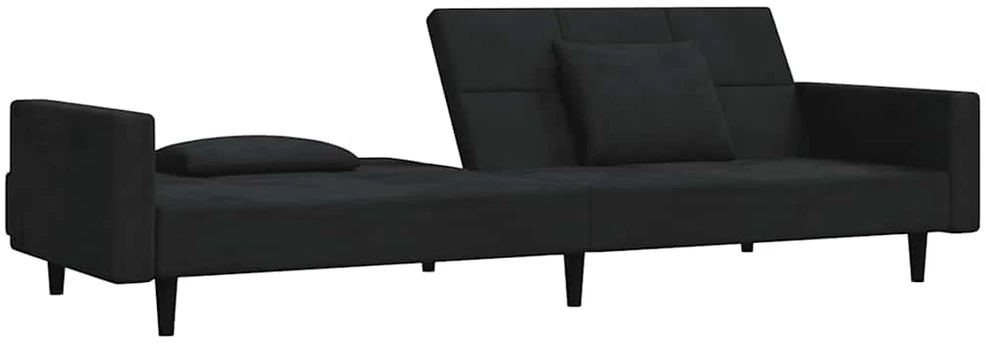 Dvivietė sofa-lova su dvejomis pagalvėmis, juoda, aksomas