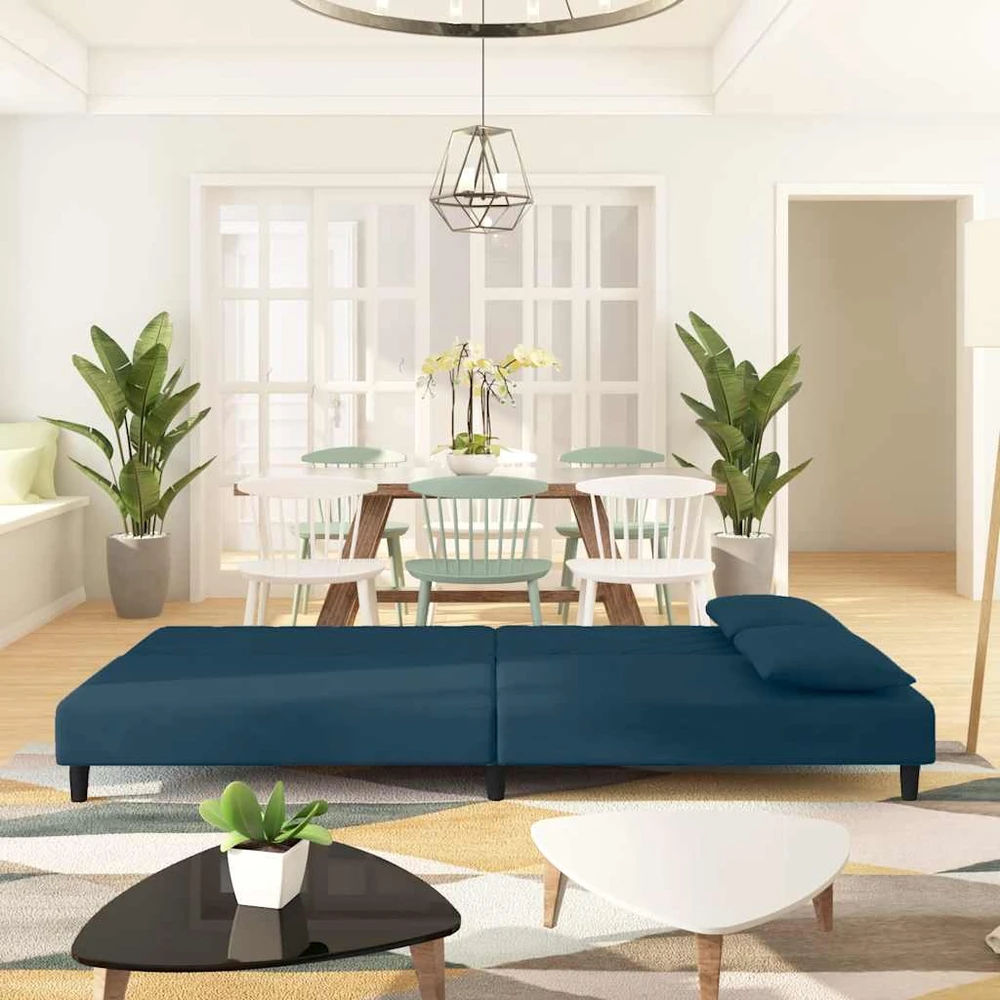 Dvivietė sofa-lova su dvejomis pagalvėmis, mėlyna, aksomas