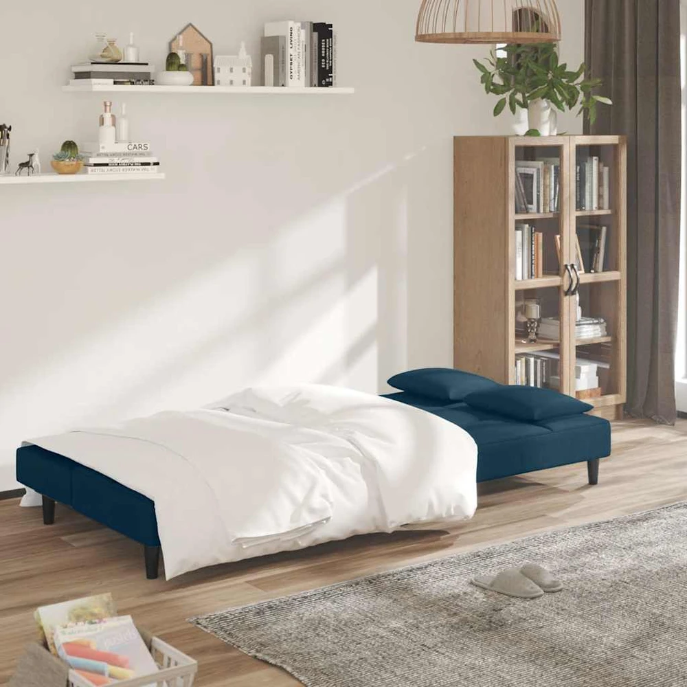 Dvivietė sofa-lova su dvejomis pagalvėmis, mėlyna, aksomas