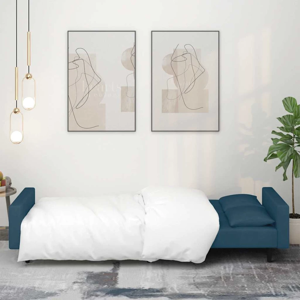 Dvivietė sofa-lova su dvejomis pagalvėmis, mėlyna, aksomas