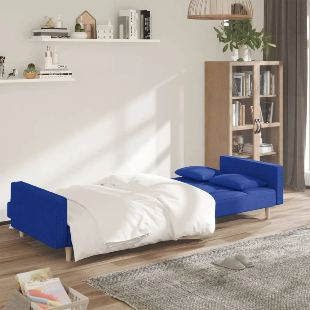 Dvivietė sofa-lova su dvejomis pagalvėmis, mėlyna, audinys