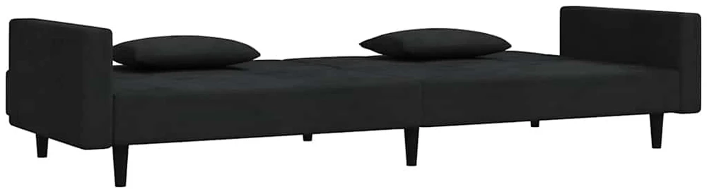 Dvivietė sofa-lova su dvejomis pagalvėmis, juoda, aksomas