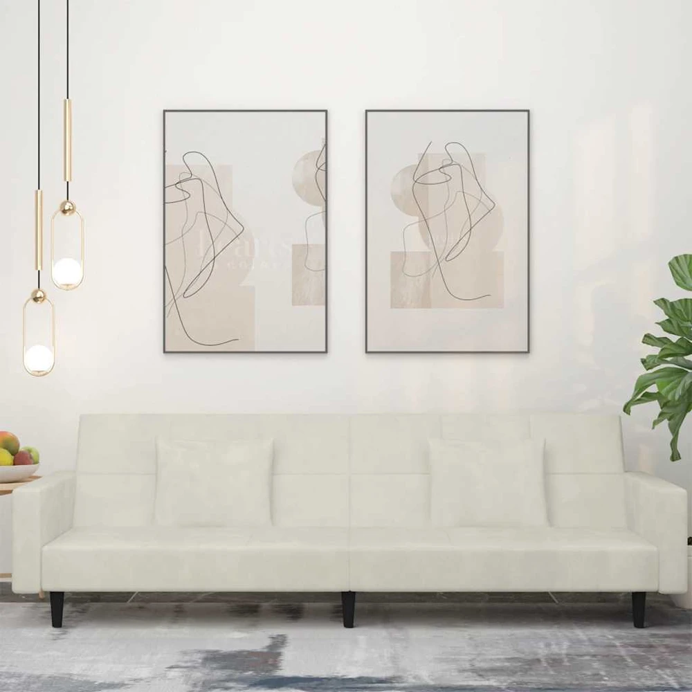 Dvivietė sofa-lova su dvejomis pagalvėmis, kreminė, aksomas