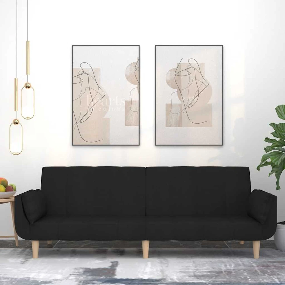 Dvivietė sofa-lova su dvejomis pagalvėmis, juoda, audinys