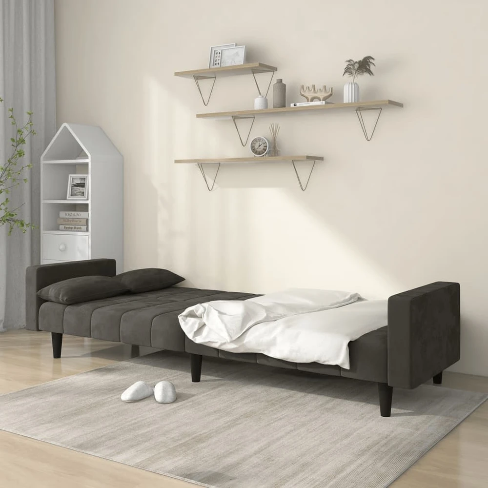 Dvivietė sofa-lova su dvejomis pagalvėmis, pilka, aksomas