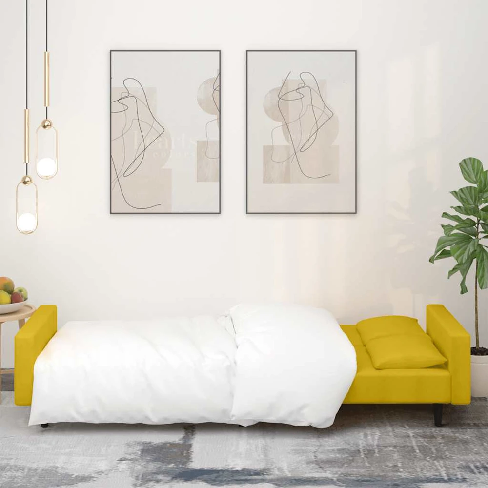 Dvivietė sofa-lova su dvejomis pagalvėmis, geltona, aksomas