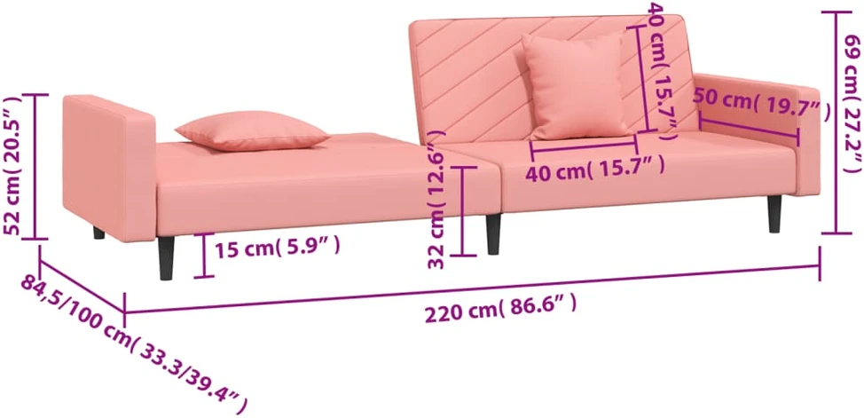 Dvivietė sofa-lova su dvejomis pagalvėmis, rožinė, aksomas