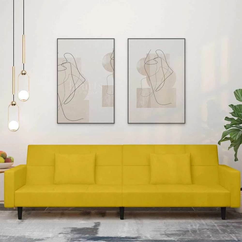Dvivietė sofa-lova su dvejomis pagalvėmis, geltona, aksomas