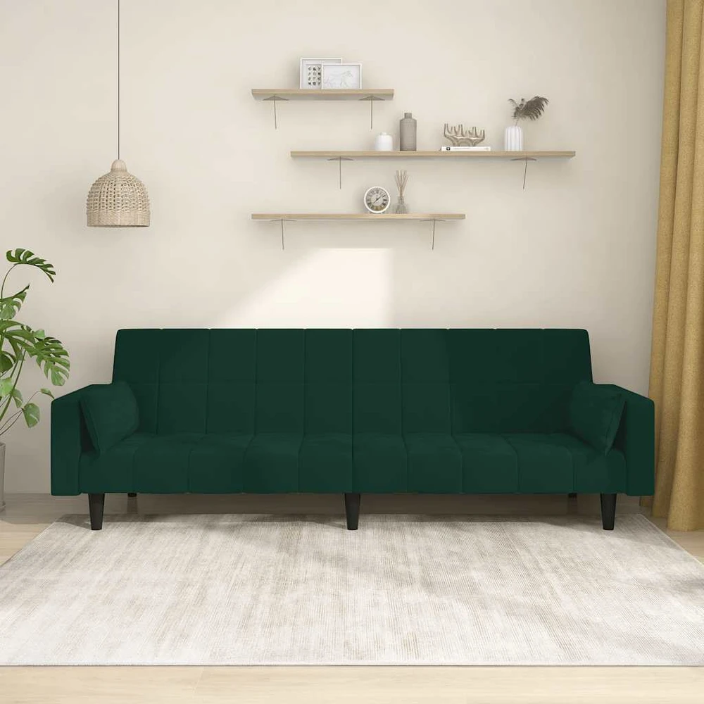Dvivietė sofa-lova su dvejomis pagalvėmis, žalia, aksomas