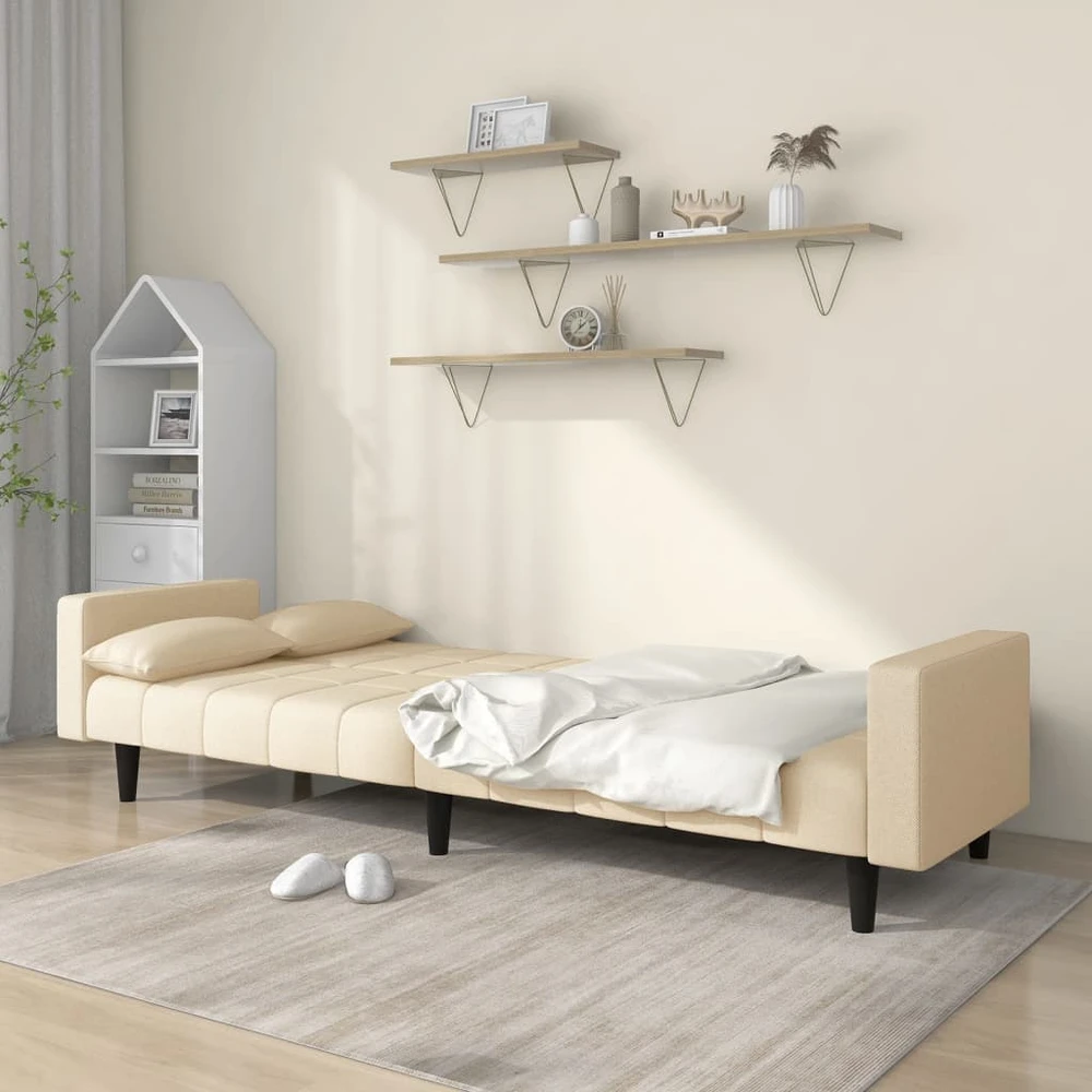 Dvivietė sofa-lova su dvejomis pagalvėmis, kreminė, audinys