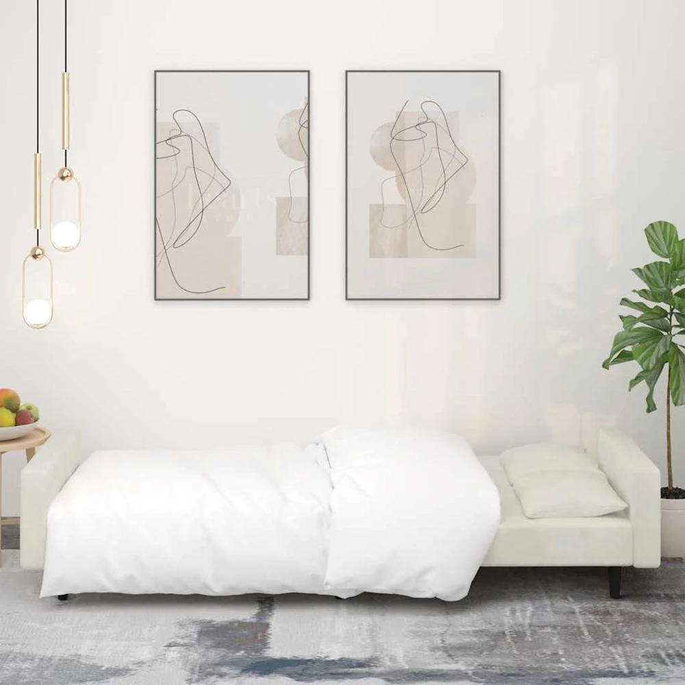 Dvivietė sofa-lova su dvejomis pagalvėmis, kreminė, aksomas