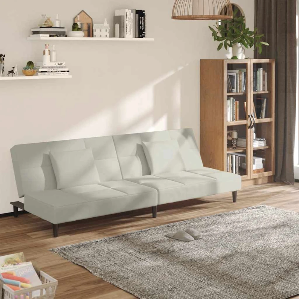 Dvivietė sofa-lova su dvejomis pagalvėmis, kreminė, aksomas