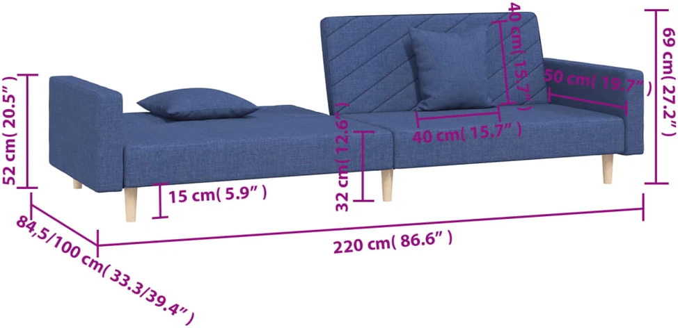 Dvivietė sofa-lova su dvejomis pagalvėmis, mėlyna, audinys