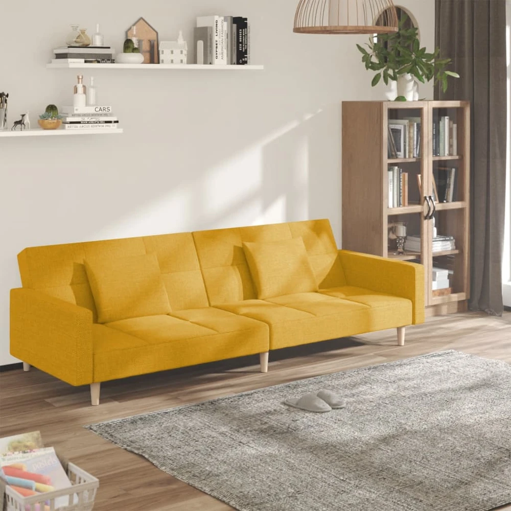 Dvivietė sofa-lova su dvejomis pagalvėmis, geltona, audinys