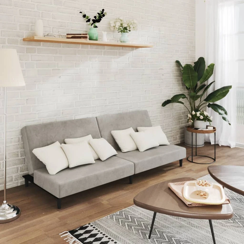 Dvivietė sofa-lova, šviesiai pilkos spalvos, aksomas