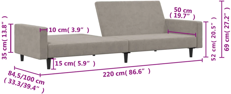 Dvivietė sofa-lova, šviesiai pilkos spalvos, aksomas