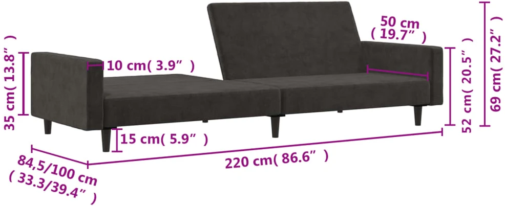 Dvivietė sofa-lova, tamsiai pilkos spalvos, aksomas