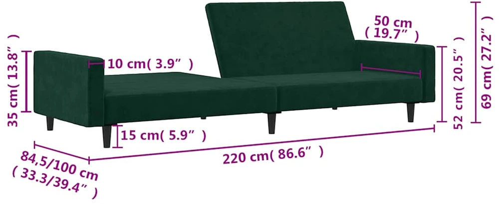 Dvivietė sofa-lova, tamsiai žalios spalvos, aksomas