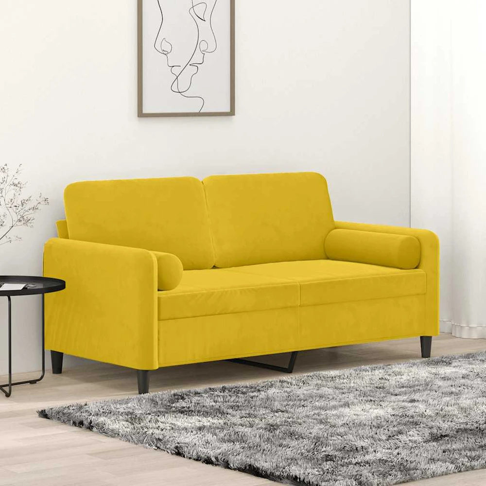 Dvivietė sofa su pagalvėlėmis, geltonos spalvos, 140cm, aksomas