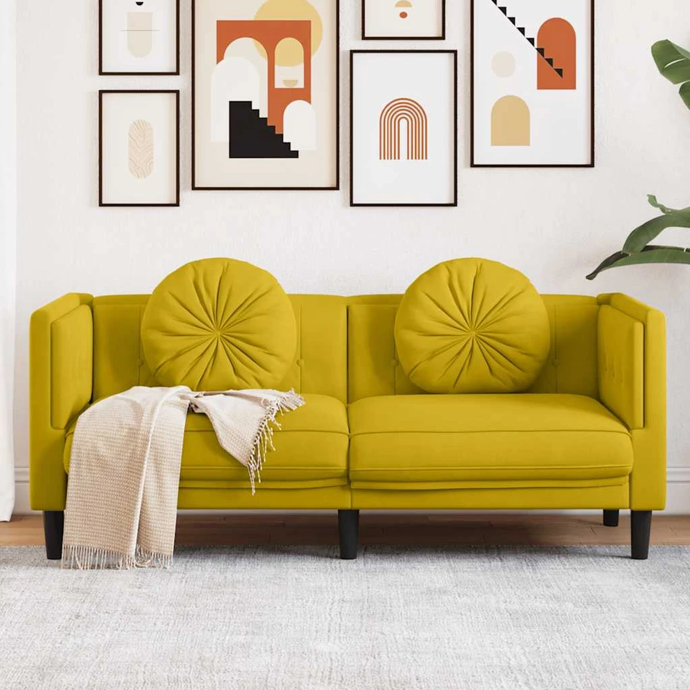 Dvivietė sofa su pagalvėlėmis, geltonos spalvos, aksomas
