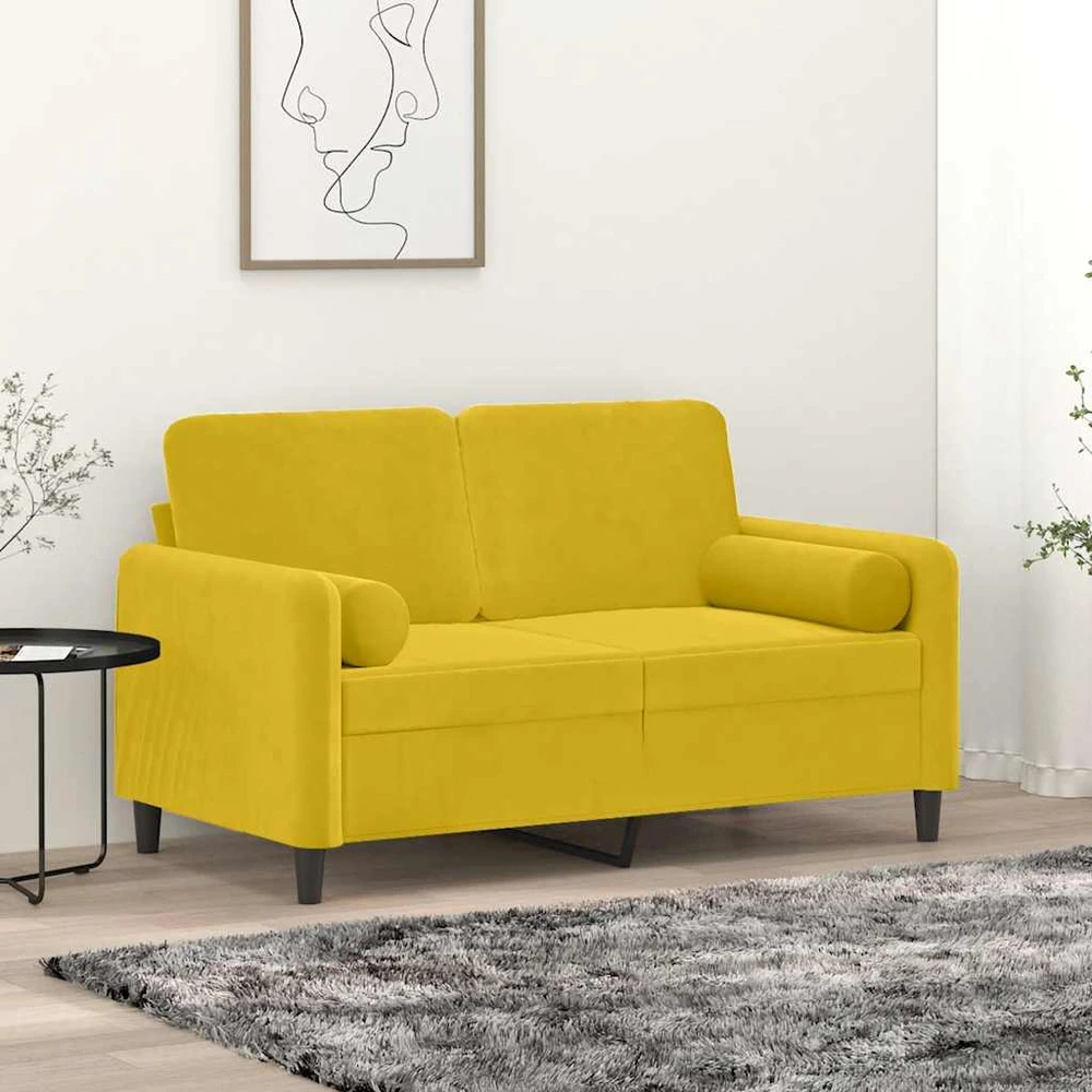Dvivietė sofa su pagalvėlėmis, geltonos spalvos, 120cm, aksomas