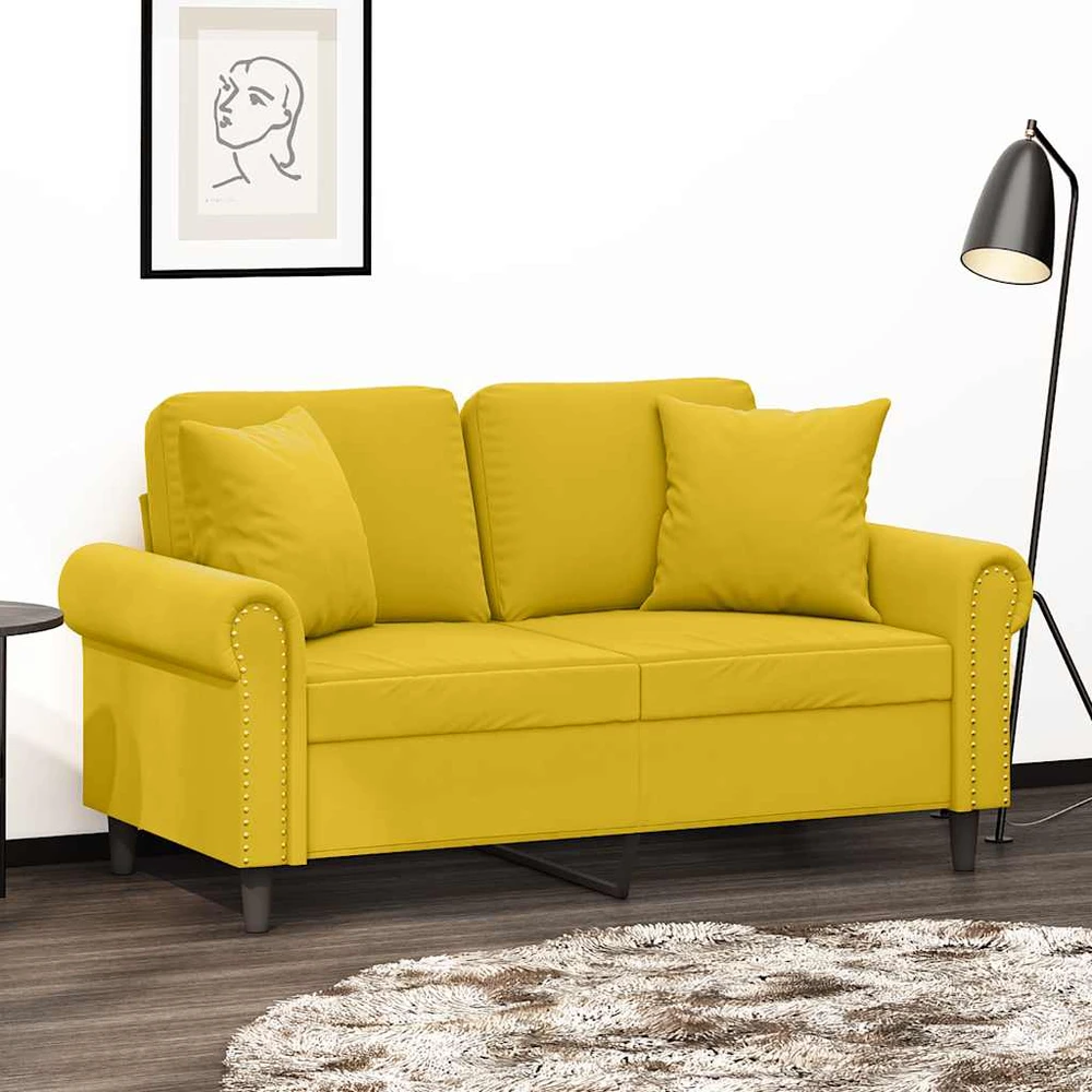 Dvivietė sofa su pagalvėlėmis, geltonos spalvos, 120cm, aksomas