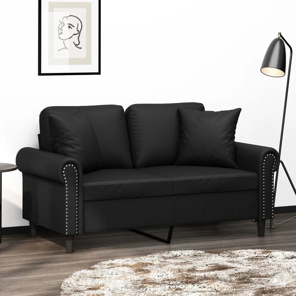 Dvivietė sofa su pagalvėlėmis, juoda, 120cm, dirbtinė oda