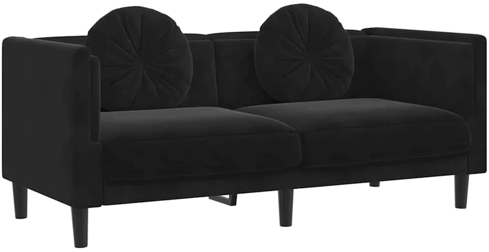 Dvivietė sofa su pagalvėlėmis, juodos spalvos, aksomas