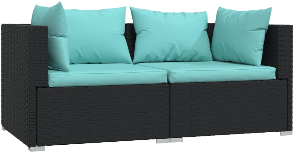Dvivietė sofa su pagalvėlėmis, juodos spalvos, poliratanas