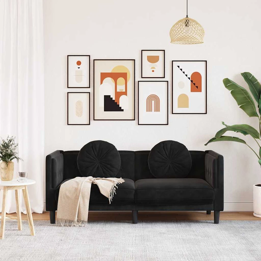 Dvivietė sofa su pagalvėlėmis, juodos spalvos, aksomas