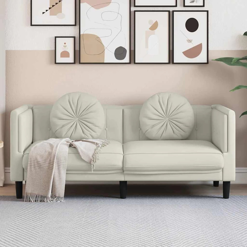 Dvivietė sofa su pagalvėlėmis, kreminės spalvos, aksomas
