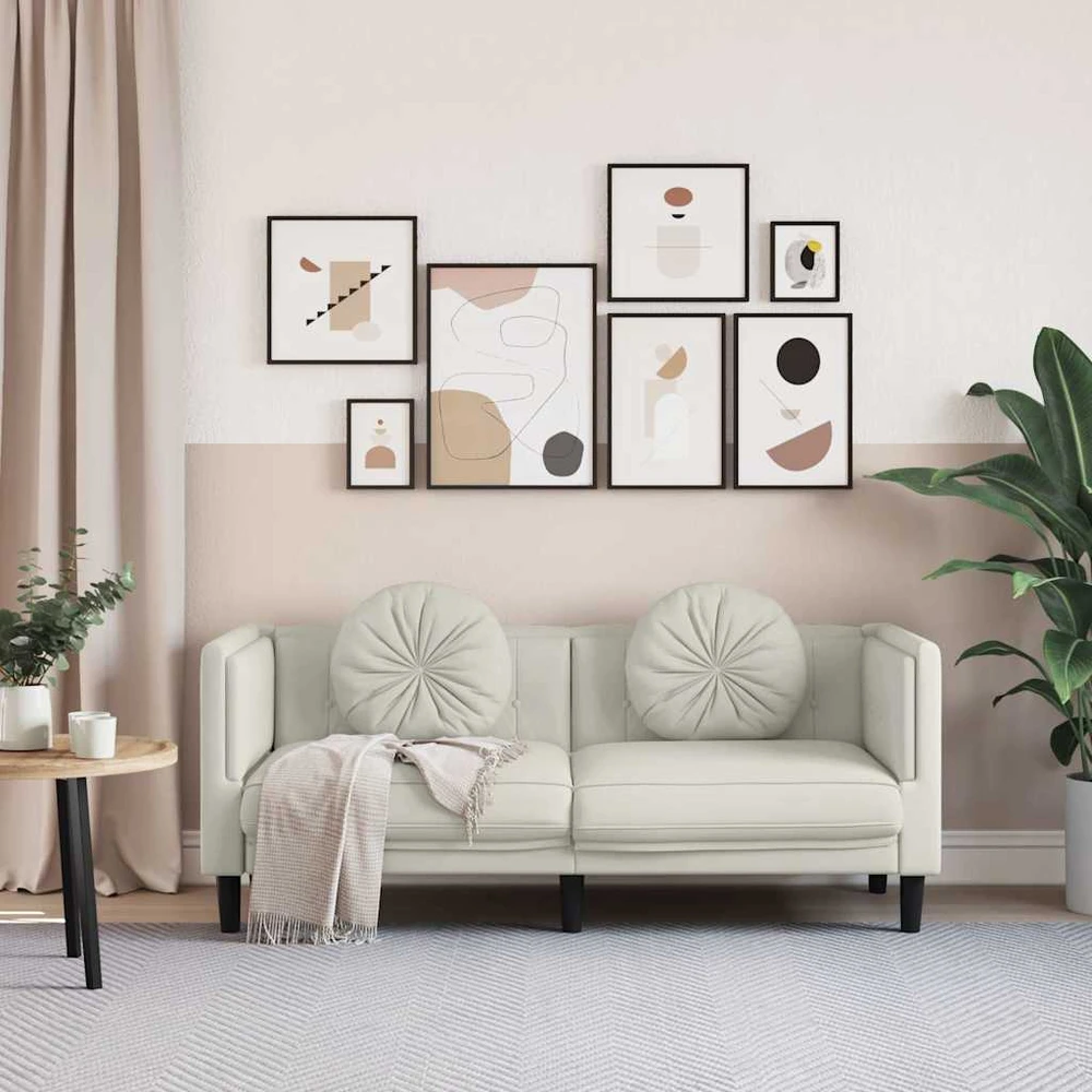 Dvivietė sofa su pagalvėlėmis, kreminės spalvos, aksomas