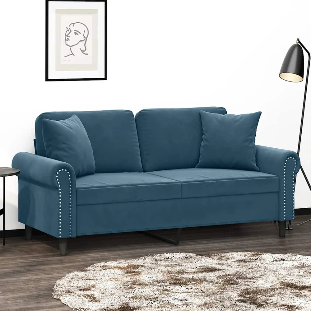 Dvivietė sofa su pagalvėlėmis, mėlynos spalvos, 140cm, aksomas